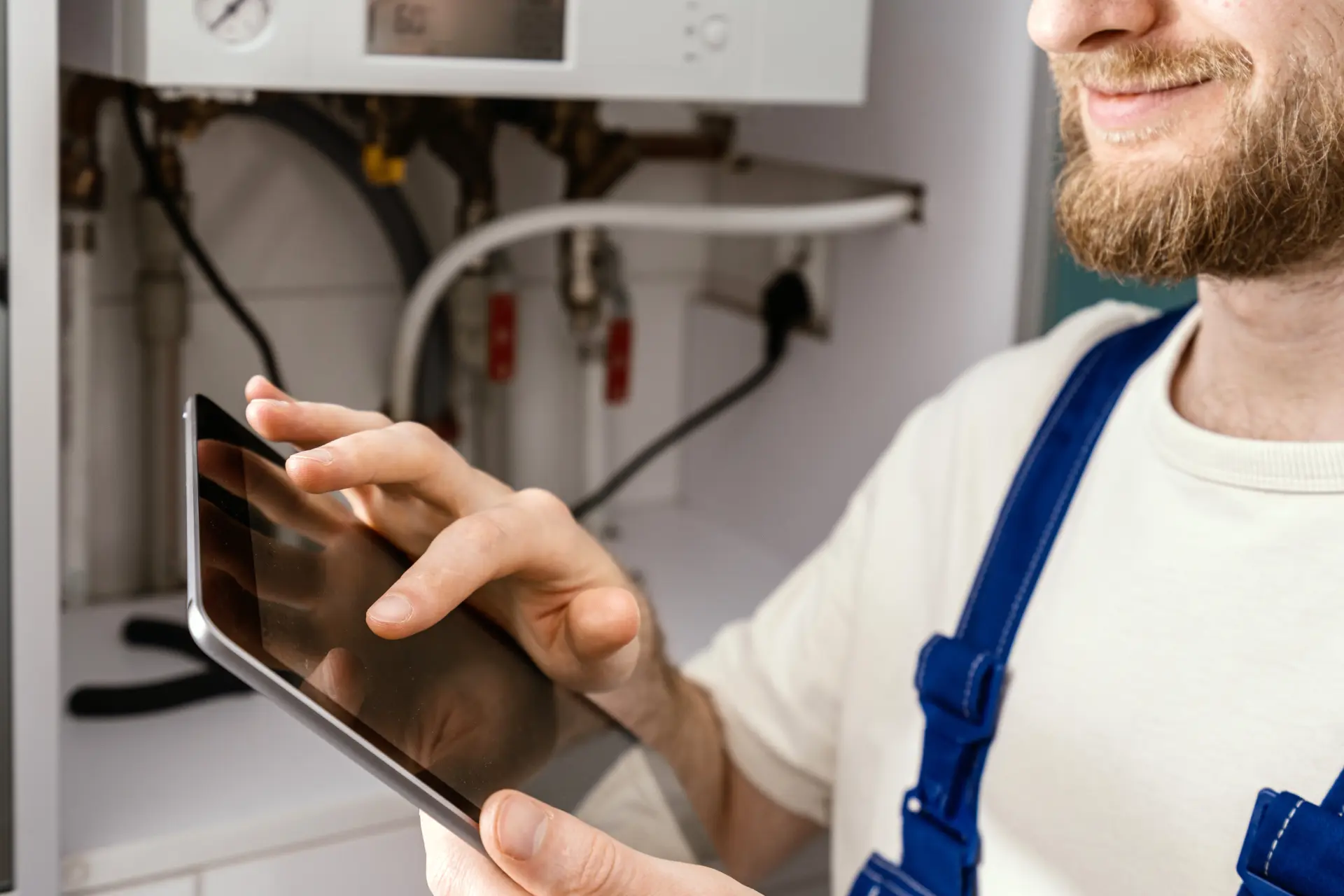 Servisný technik používa tablet na diagnostiku a kontrolu plynového kotla počas údržby vykurovacieho systému.