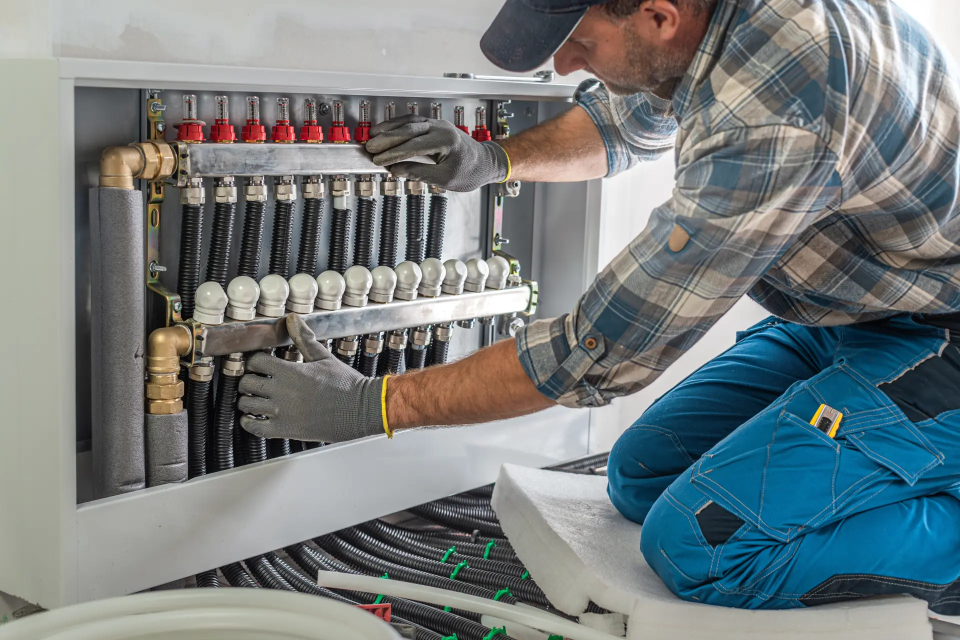 montaz-rozdelovaca-podlahoveho-kurenia Montáž rozdeľovača podlahového kúrenia s pripojenými hadicami a izoláciou.