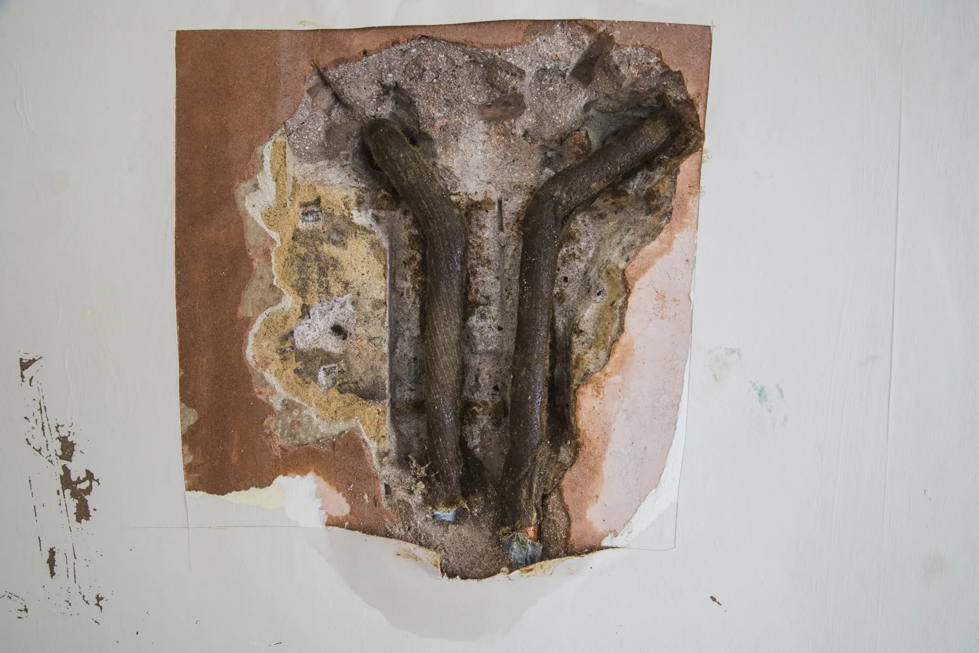 Poškodená stena s odkrytým potrubím a stopami vlhkosti spôsobenými únikom vody.