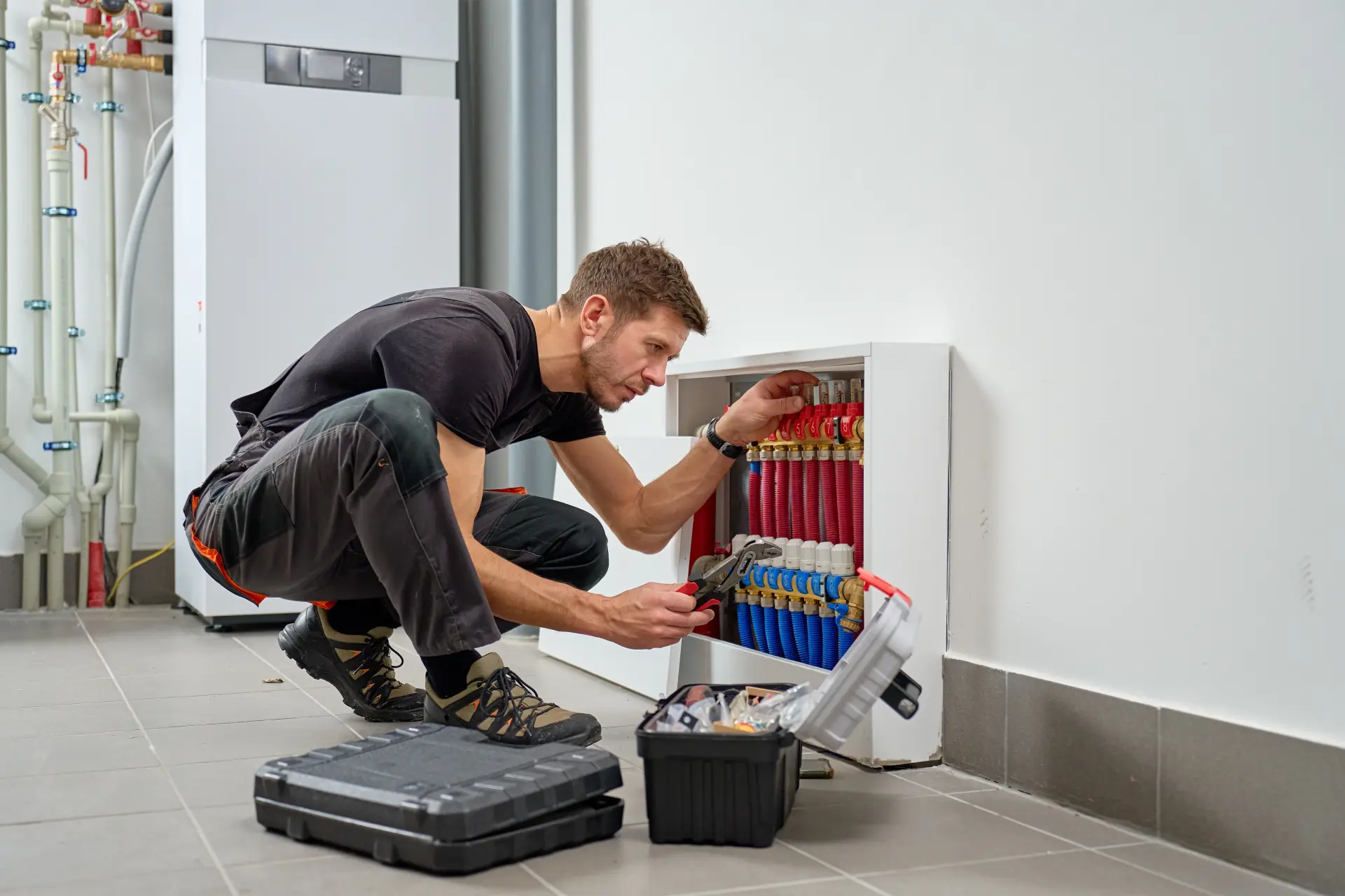 Technik vykonáva servis rozdeľovača podlahového kúrenia s náradím.