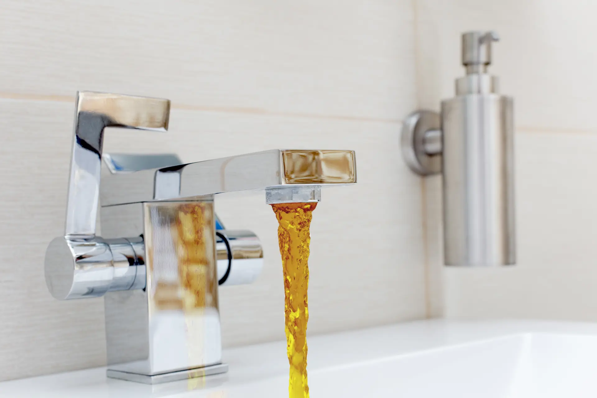 Z kohútika tečie znečistená hnedá voda, ktorá signalizuje problém s kvalitou vody.