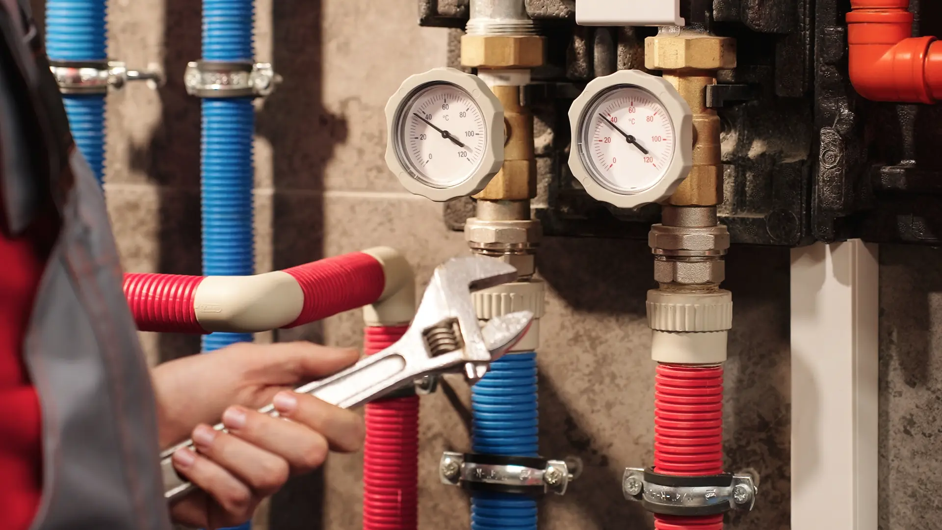 Kontrola tlaku vody pomocou manometrov na potrubí počas inštalatérskej údržby systému.