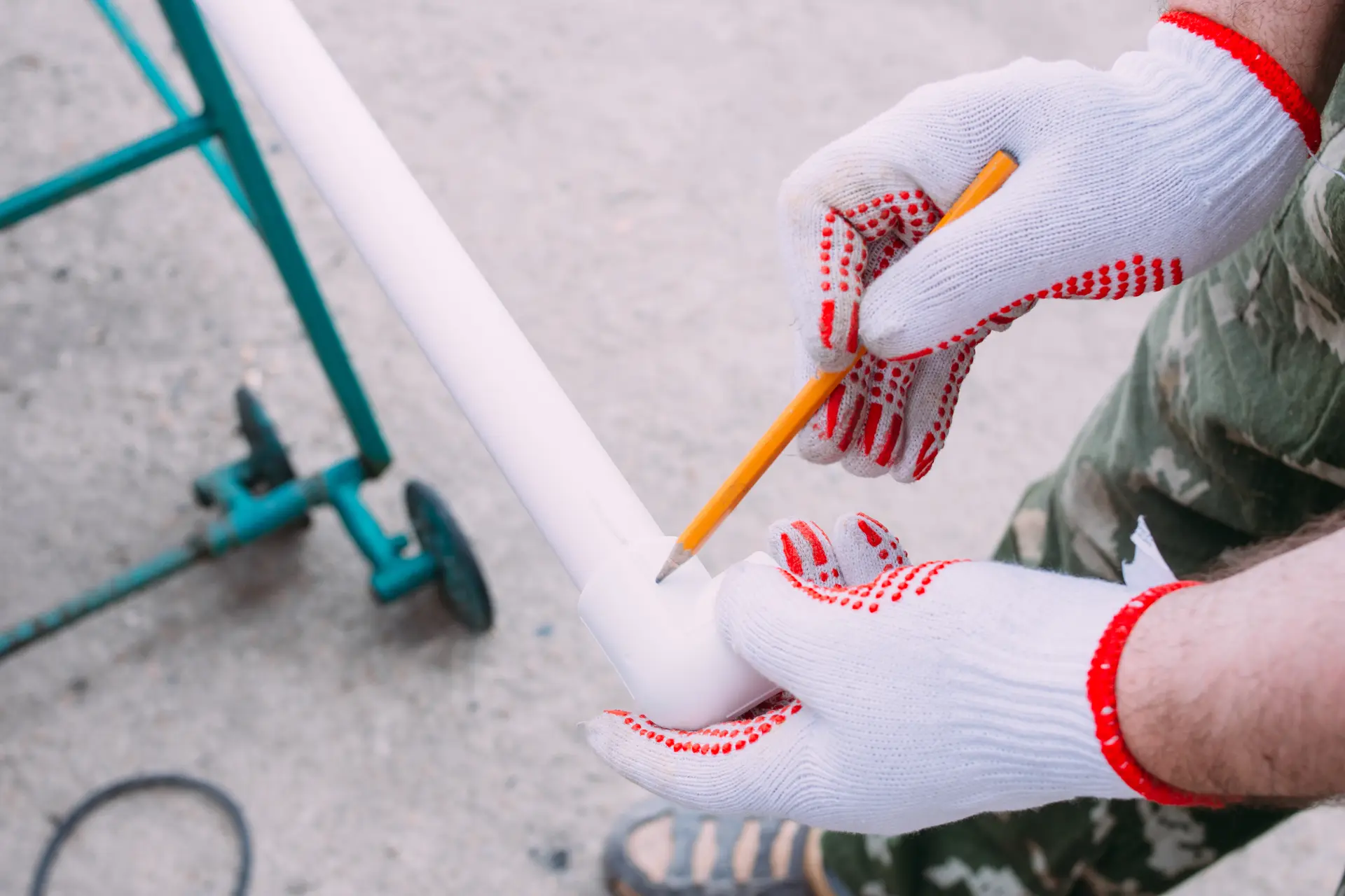 Meranie a označovanie plastovej vodovodnej rúry ceruzkou pred rezaním alebo montážou.