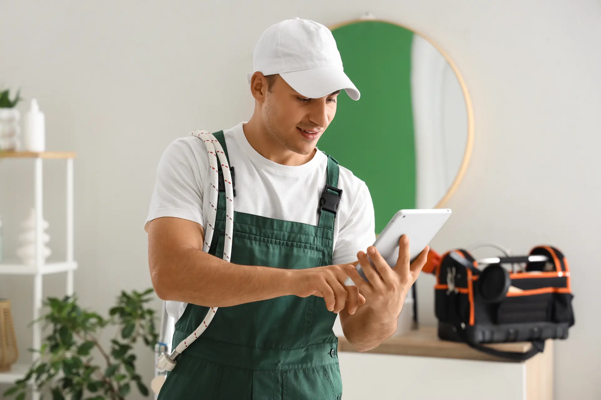 Servisný technik kontroluje zákazku na tablete počas práce v interiéri s náradím v pozadí.