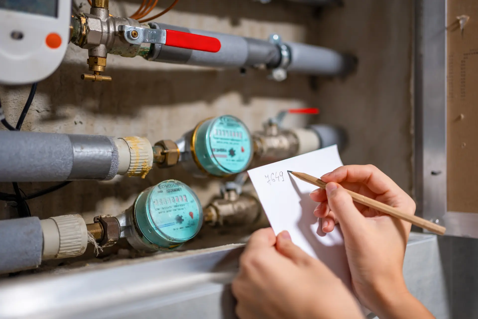 Ručný zápis hodnôt z vodomerov na papier počas kontroly spotreby vody v domácnosti.