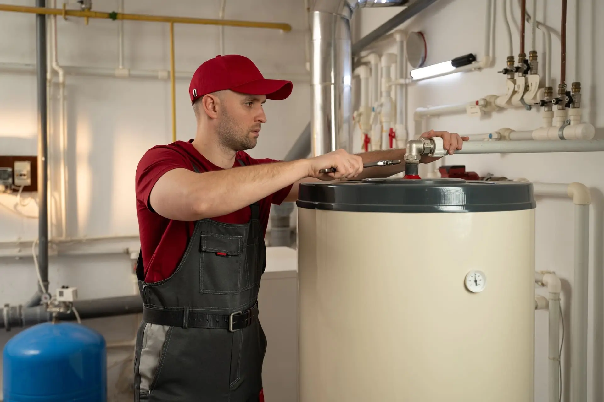 Servis bojlera inštalatérom pri kontrole zapojenia a poistného ventilu